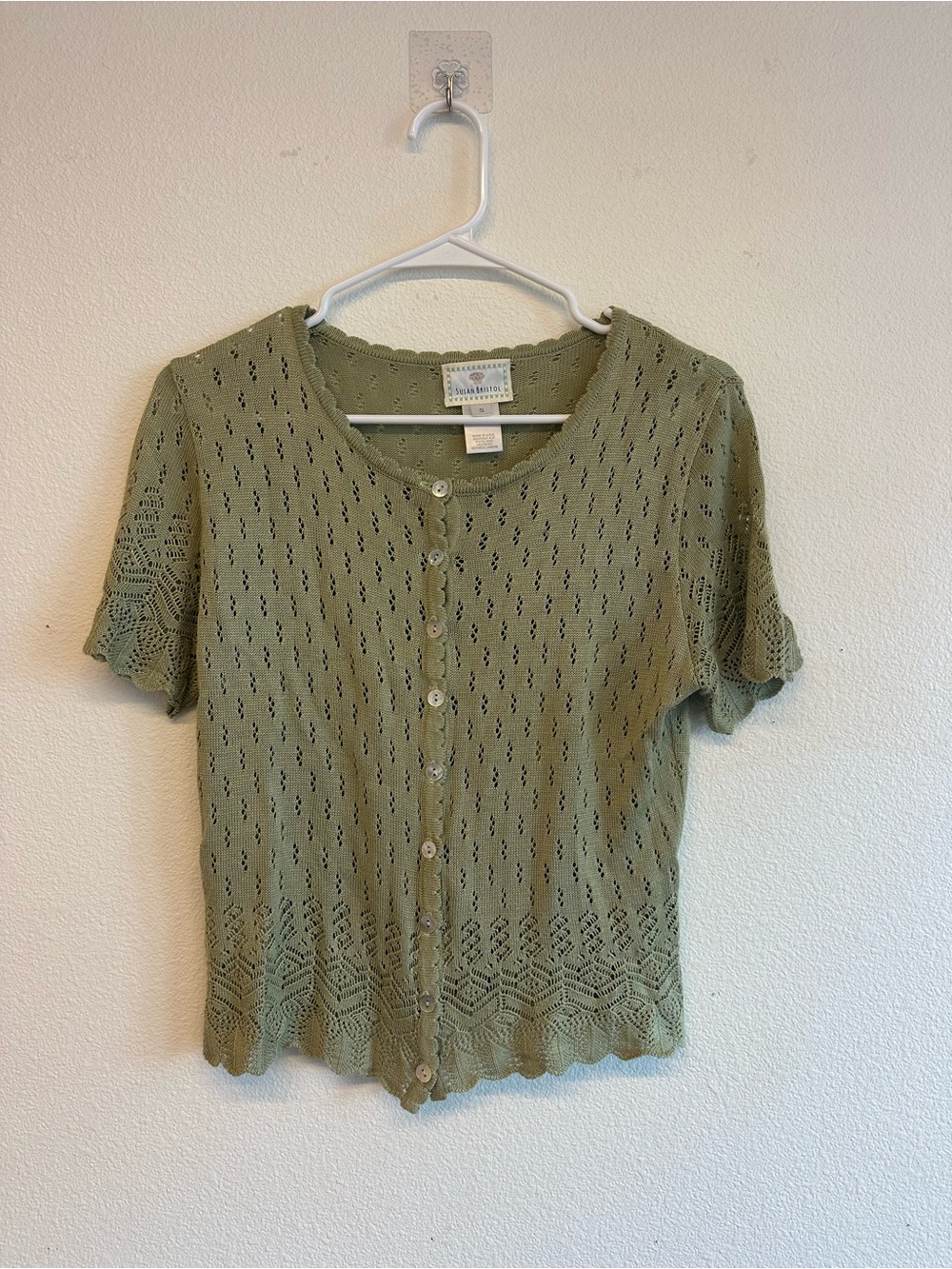 Susan Bristol Light Olive Eyelet Knit Button-Up Top